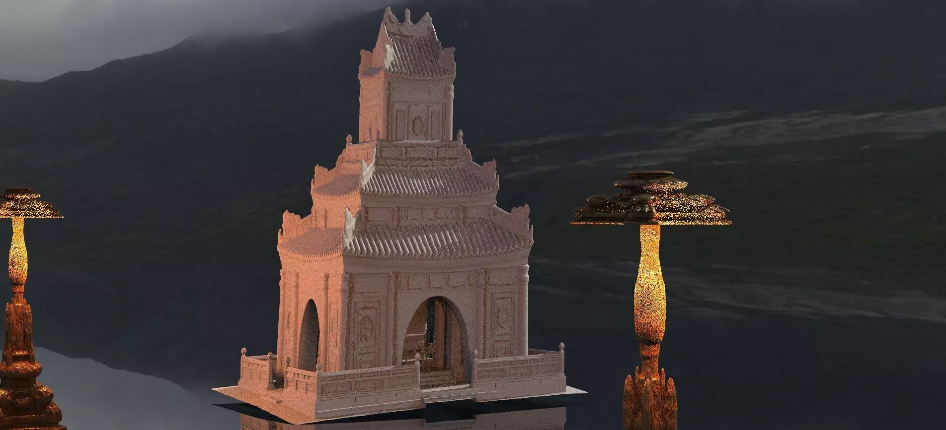 Japanese temple haunted 3D Comes with dragon lamppost 3D model