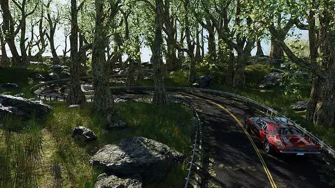Car in Forest Highway Scene 3D model 2