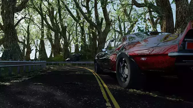 Car in Forest Highway Scene 3D model
