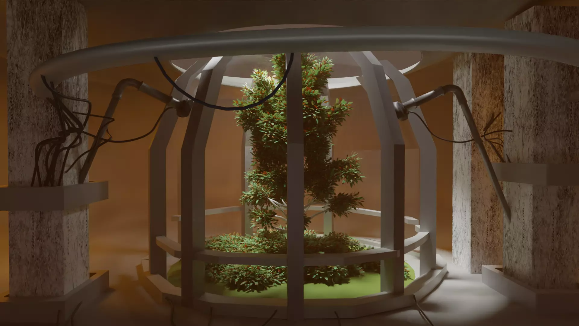 Scifi space dome with tree cyberpunk laboratory 3D model_0