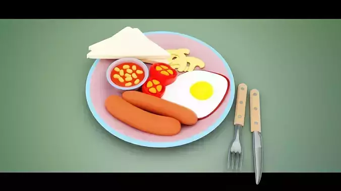 Stylized Sausage and Egg Meal Low-poly 3D model