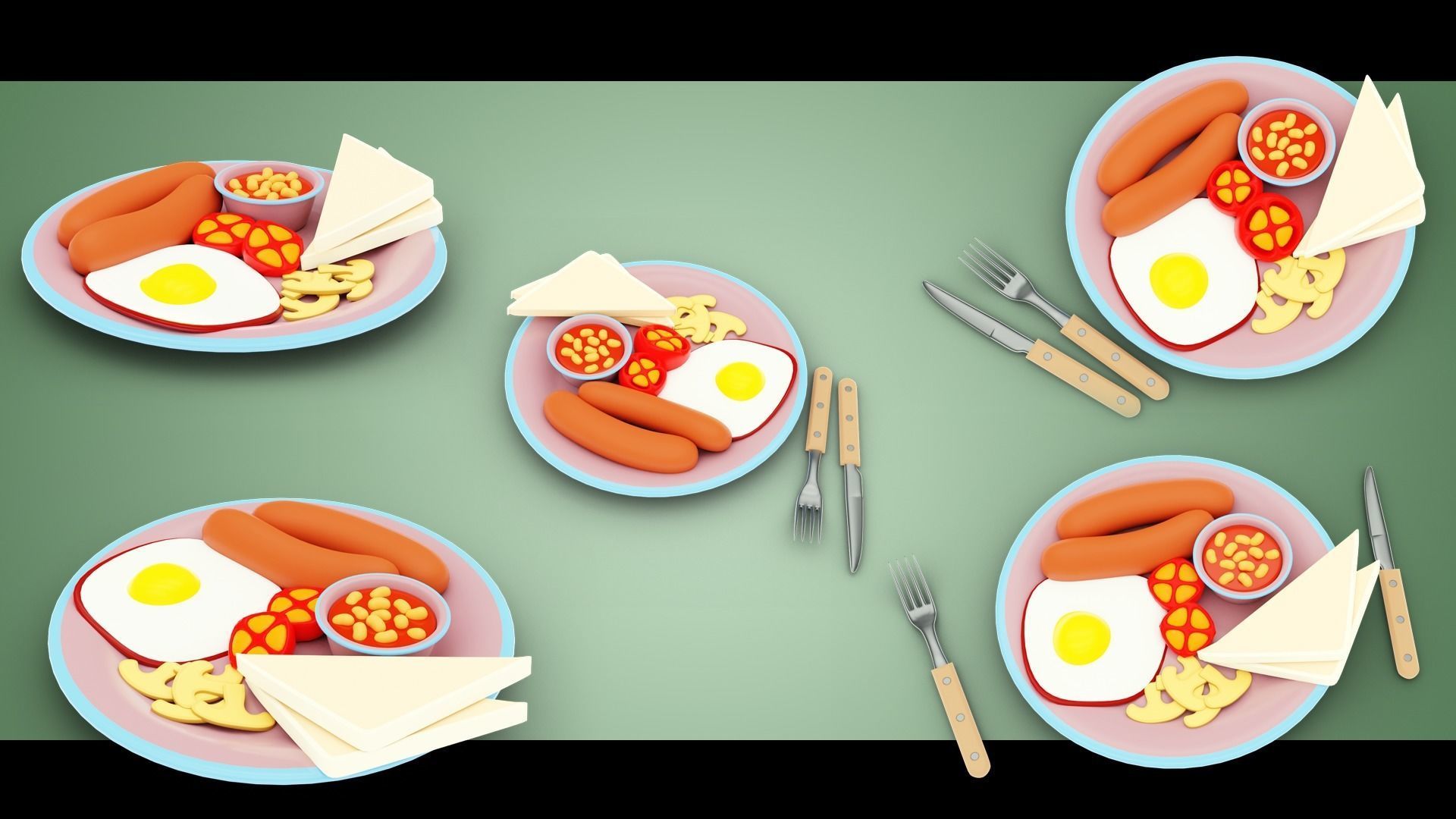 Stylized Sausage and Egg Meal Low-poly 3D model_1