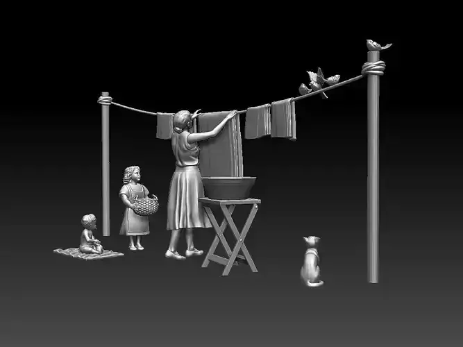 family bronze statue of woman washing clothes 3D print model