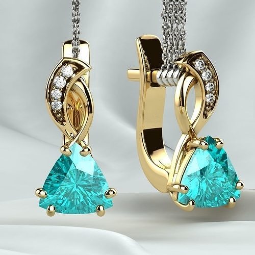 Topaz Trillion Cut Gem Gold Earrings 3D print model