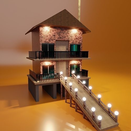 Floating House 3D model with textures Low-poly 3D model
