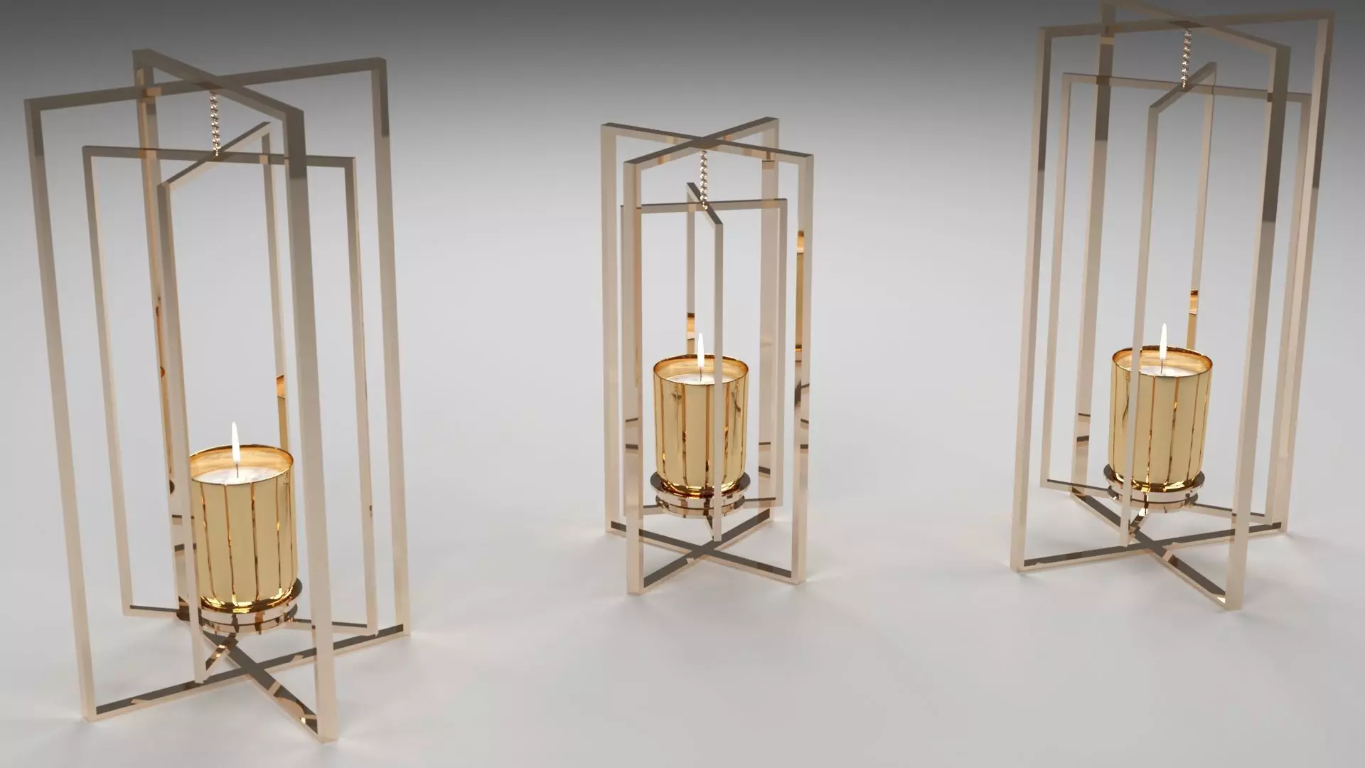 candlestick three gold candle holders 3D model_0