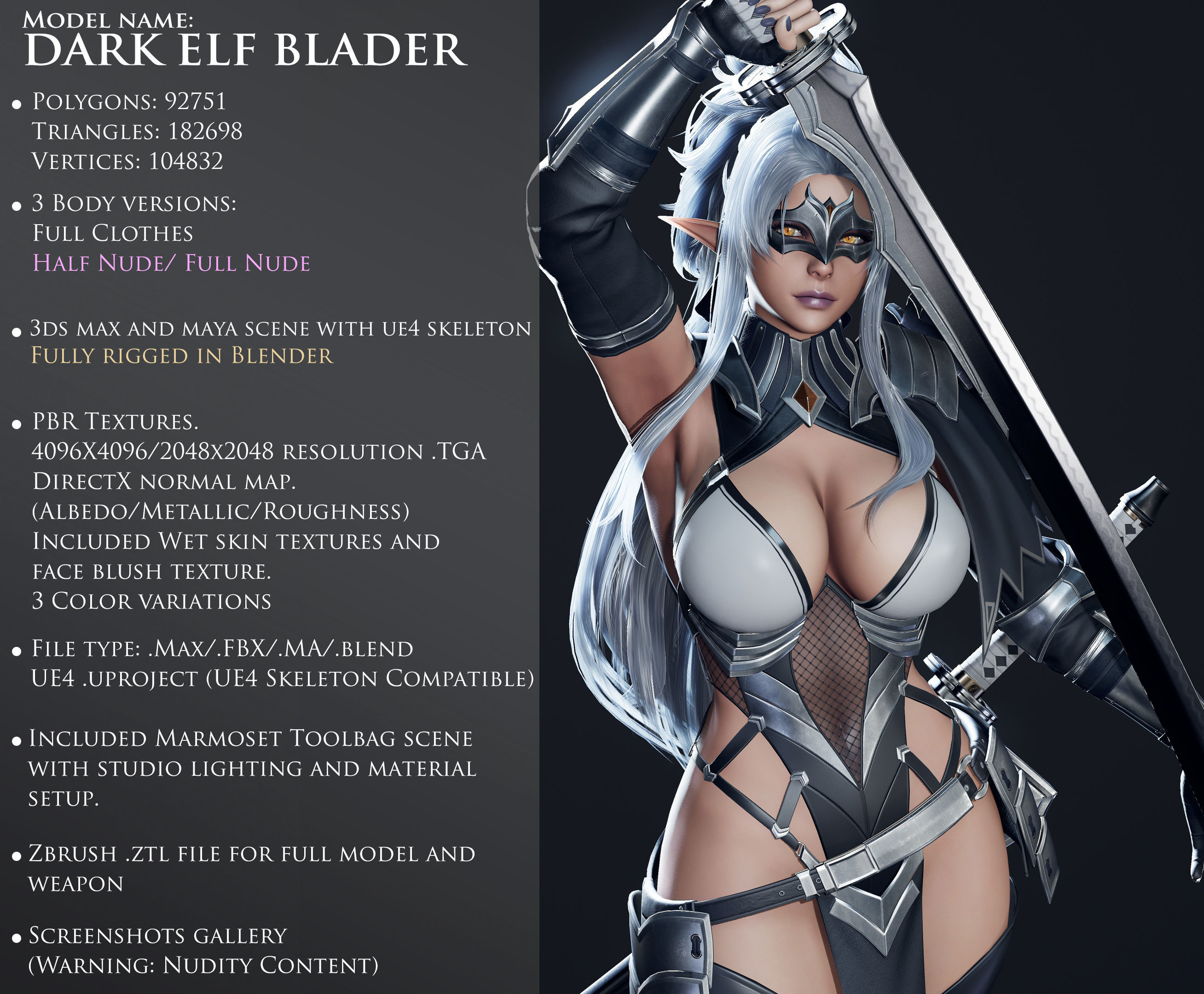 Dark Elf Blader - Game Ready Low-poly 3D model_3
