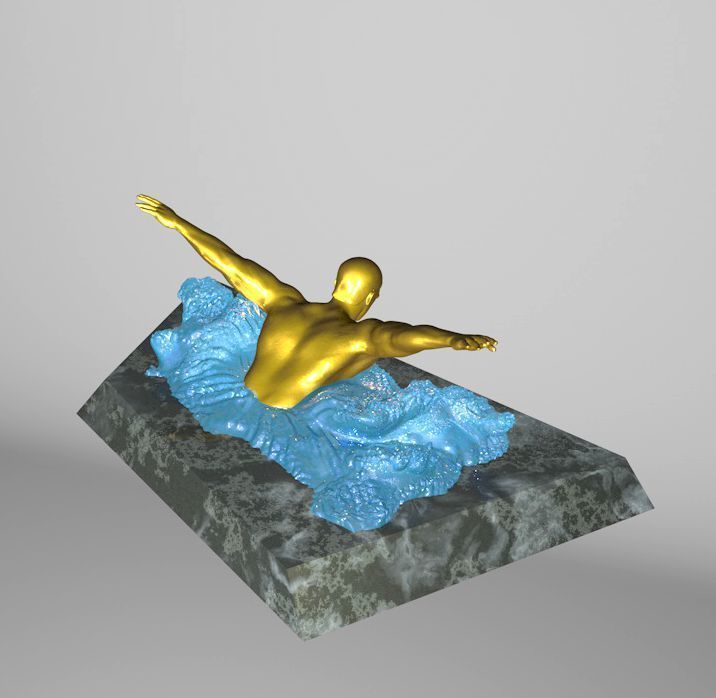Swimmer 3D model gold statue of man swimming in water 3D print model_4
