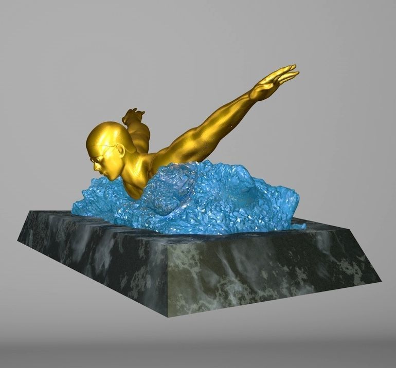 Swimmer 3D model gold statue of man swimming in water 3D print model_3
