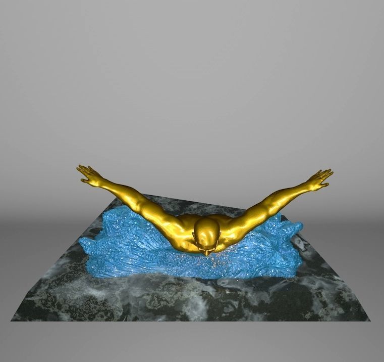 Swimmer 3D model gold statue of man swimming in water 3D print model_1