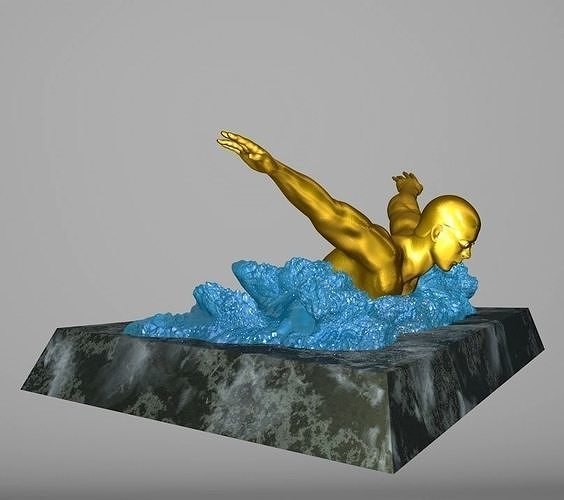 Swimmer 3D model gold statue of man swimming in water 3D print model