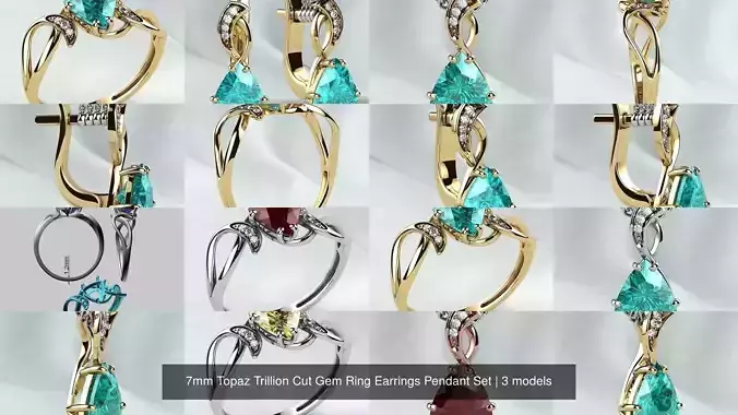 7mm Topaz Trillion Cut Gem Ring Earrings Pendant Set 3D Model Collection