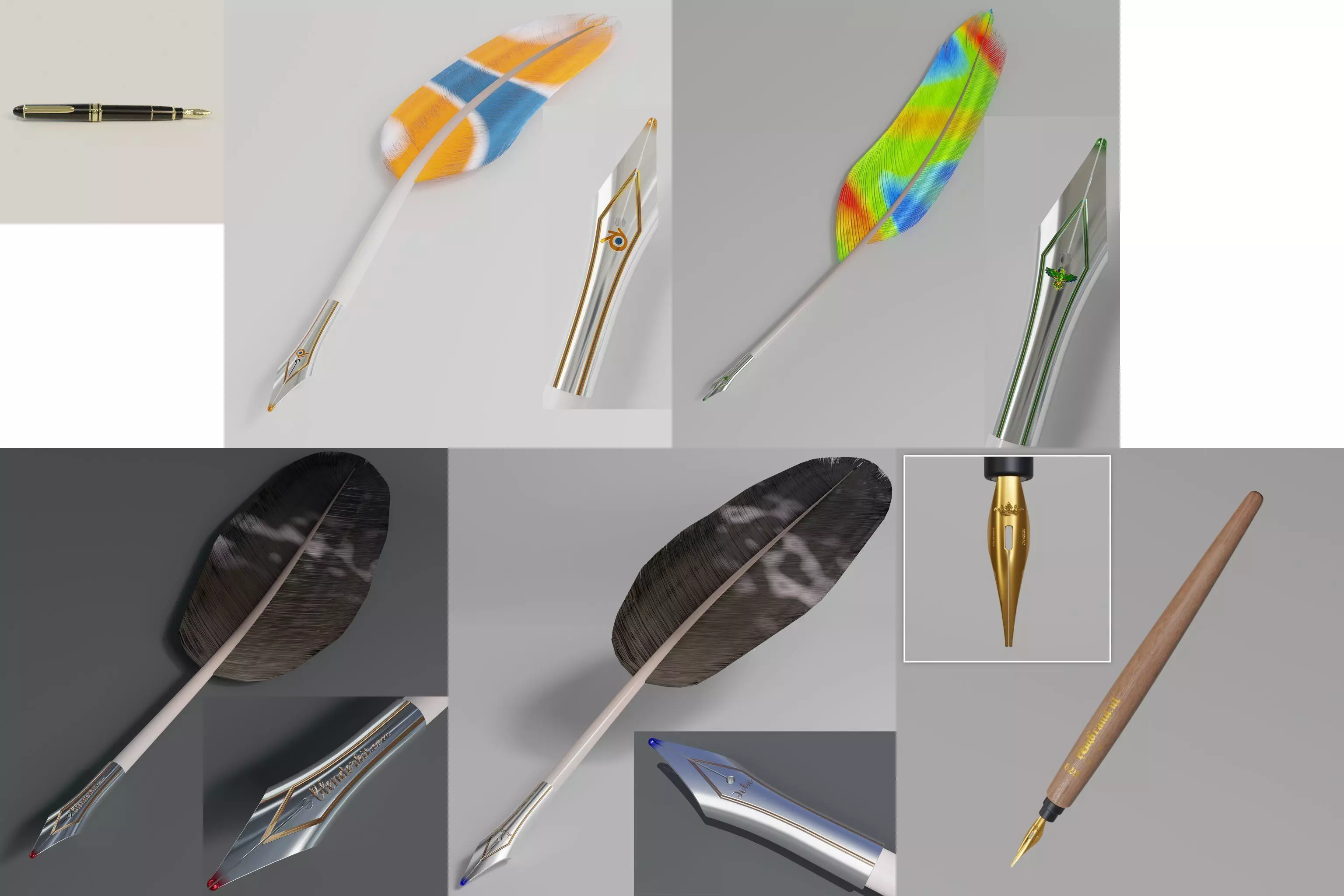 Feather Fountain Pen Realistic Feathers Game Ready Support  4k 3D model_0