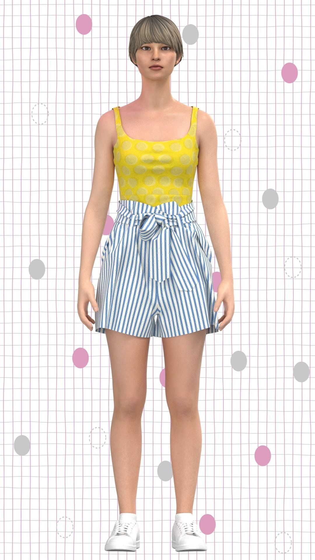 Women Paperbag Waist Trim Belted Shorts  and tops Low-poly 3D model_1