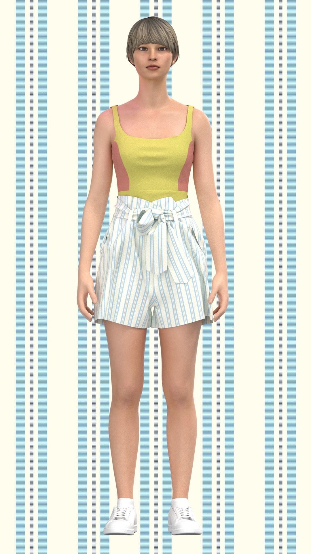 Women Paperbag Waist Trim Belted Shorts  and tops Low-poly 3D model_2