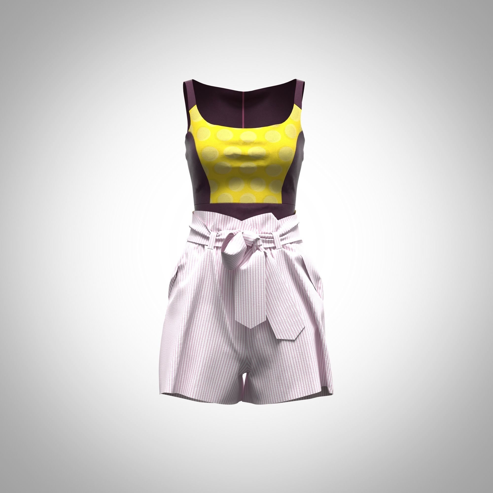 Women Paperbag Waist Trim Belted Shorts  and tops Low-poly 3D model_33