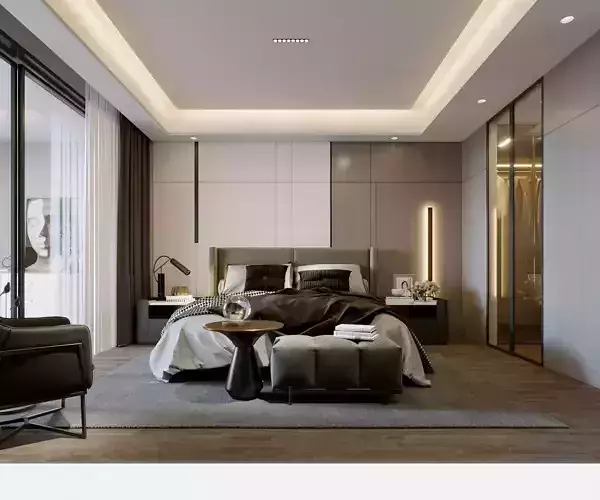 BEDROOM with modern furniture and lighting