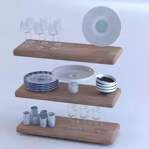 decorativeset01 wooden shelf with plates and glasses