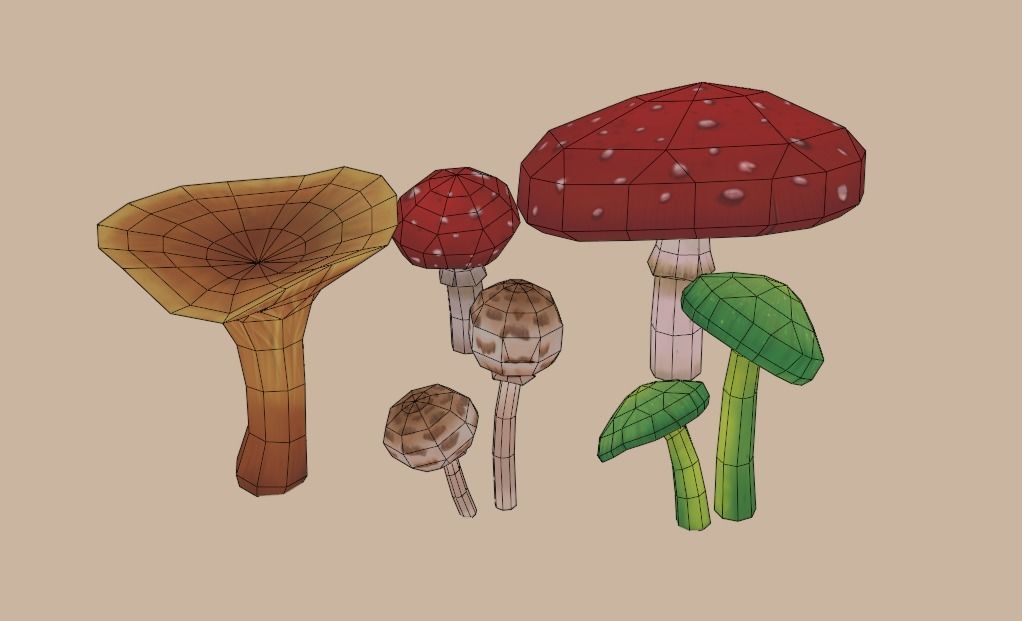 Low poly - hand painted - mushroom set Low-poly 3D model_1