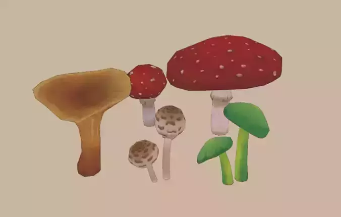 Low poly - hand painted - mushroom set