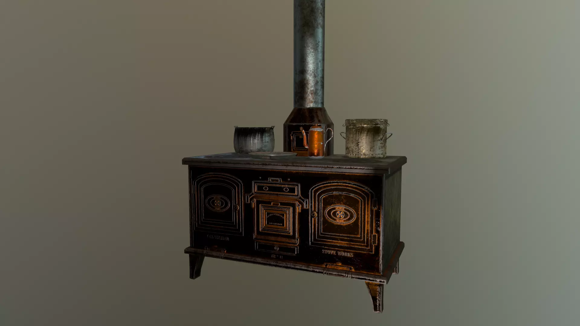 Old stove and pots asset  Low-poly 3D model_0