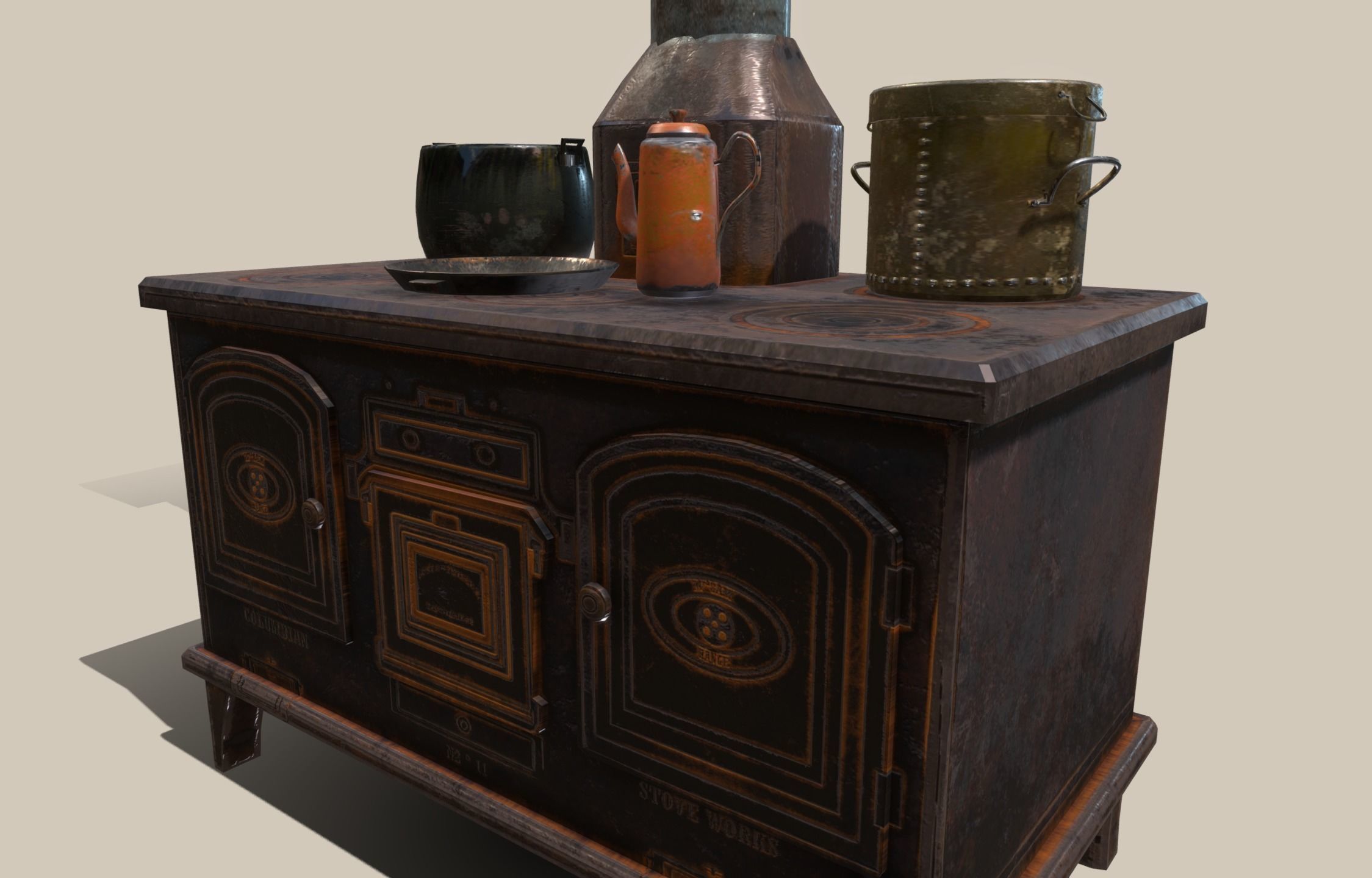 Old stove and pots asset  Low-poly 3D model_3