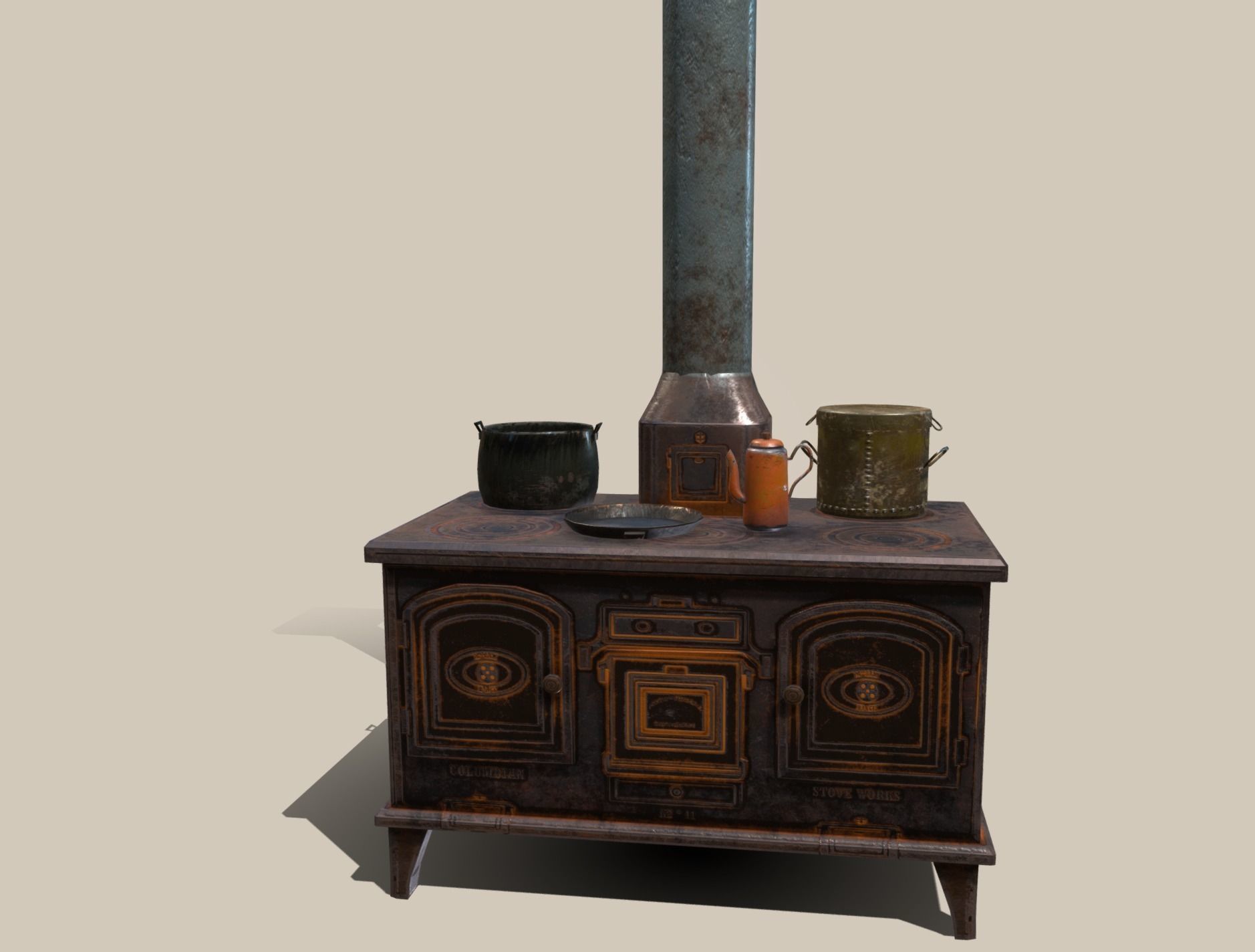 Old stove and pots asset  Low-poly 3D model_2
