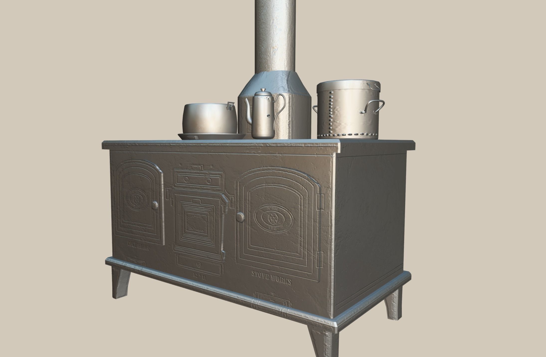 Old stove and pots asset  Low-poly 3D model_4
