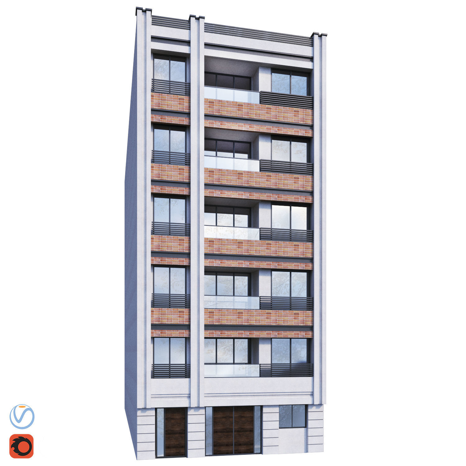 Apartment building with balconies 3D model_0