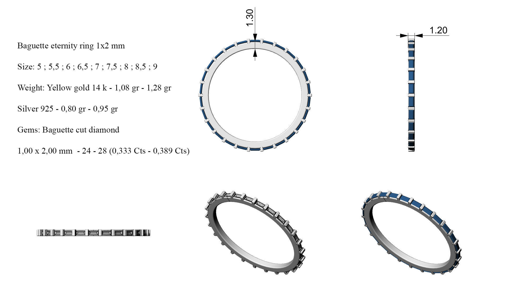 Baguette eternity ring 1x2mm  9-sizes 3D print model_7
