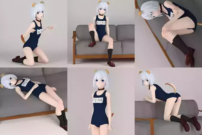 6 poses of Origami Tobiichi in dog costume 3D model