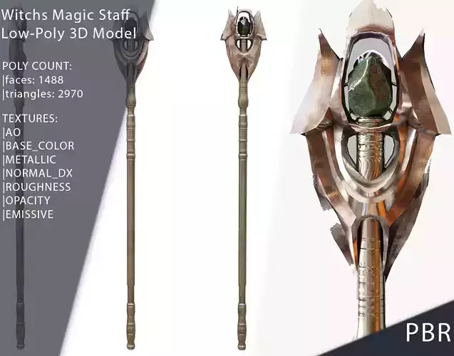 Witches Magic Staff Game Ready Low-poly 3D model