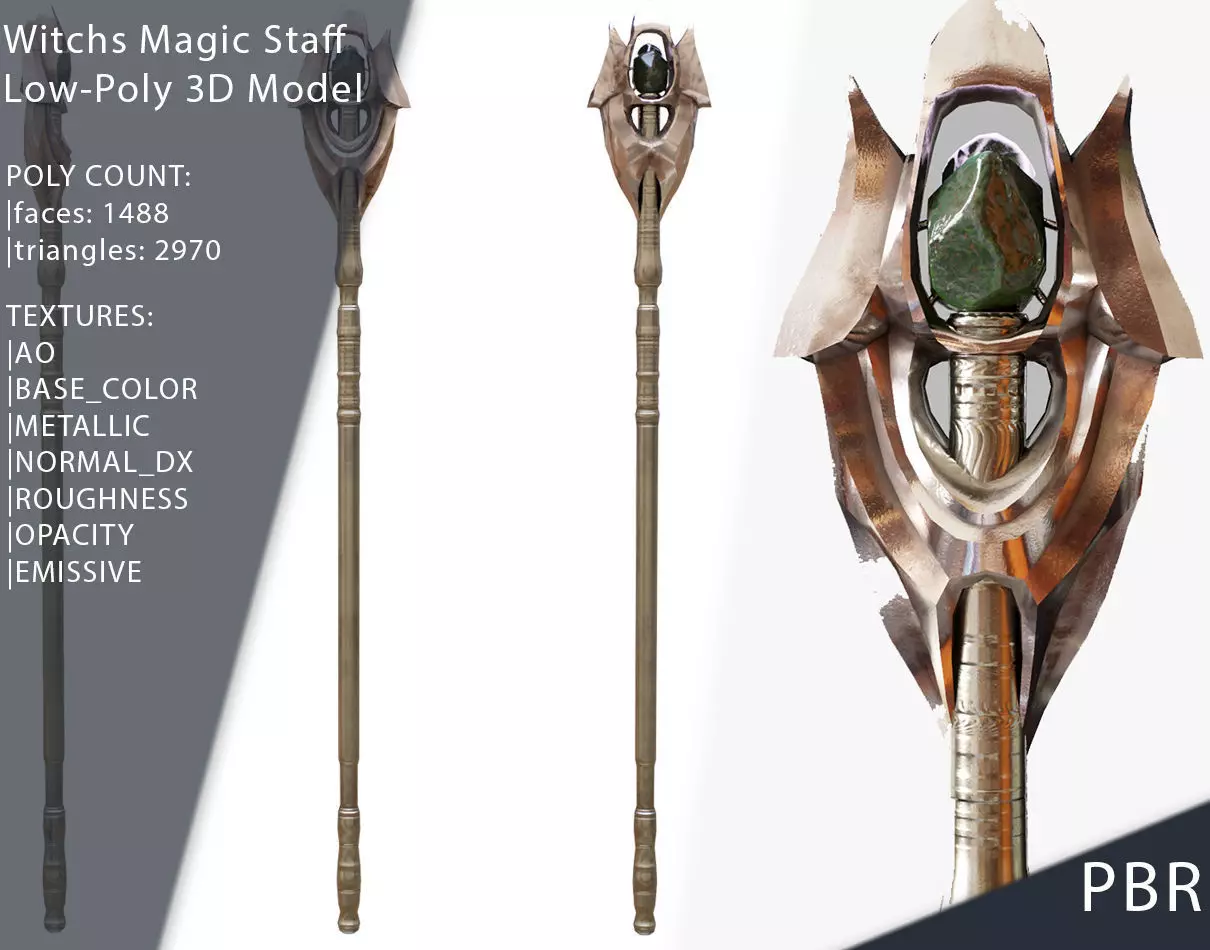 Witches Magic Staff Game Ready Low-poly 3D model_0