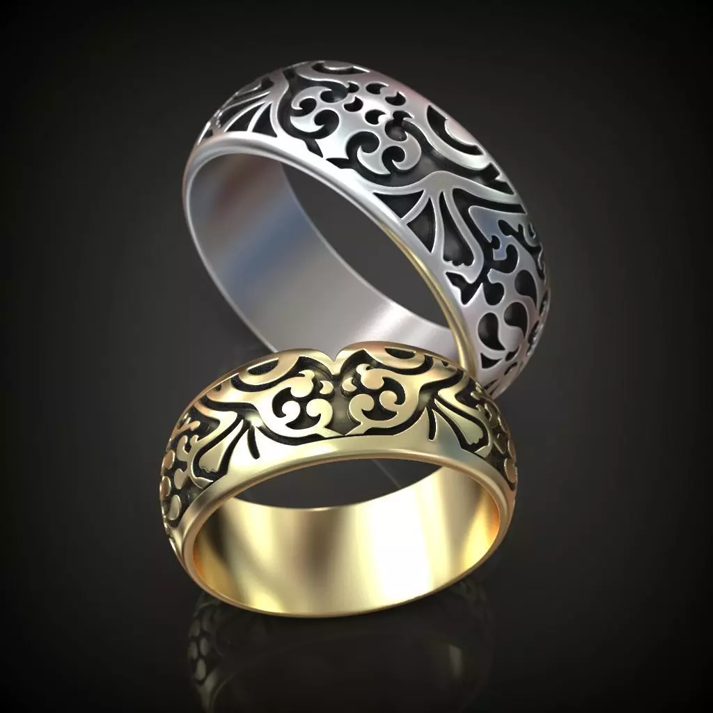 Wedding rings band set oxidized pattern 3D print model_0
