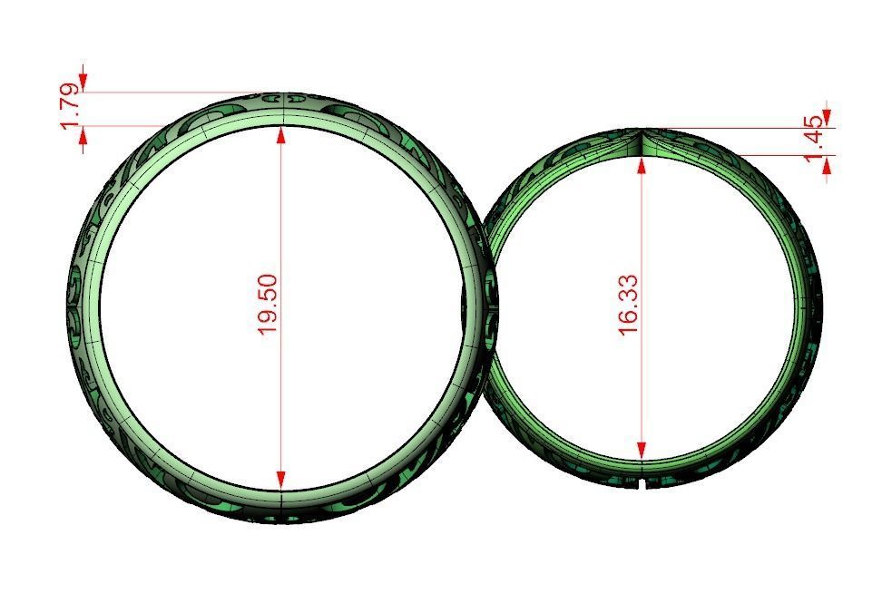 Wedding rings band set oxidized pattern 3D print model_2