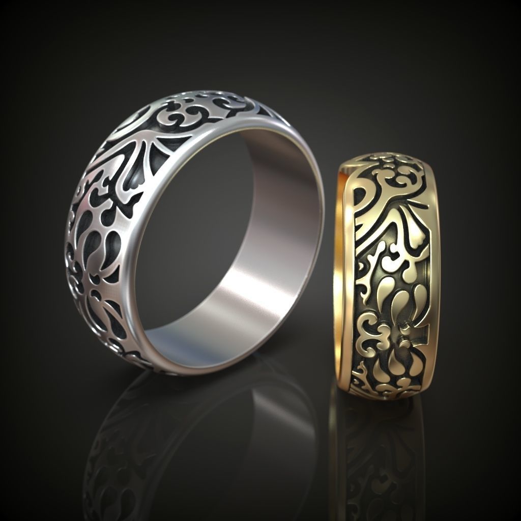 Wedding rings band set oxidized pattern 3D print model_1