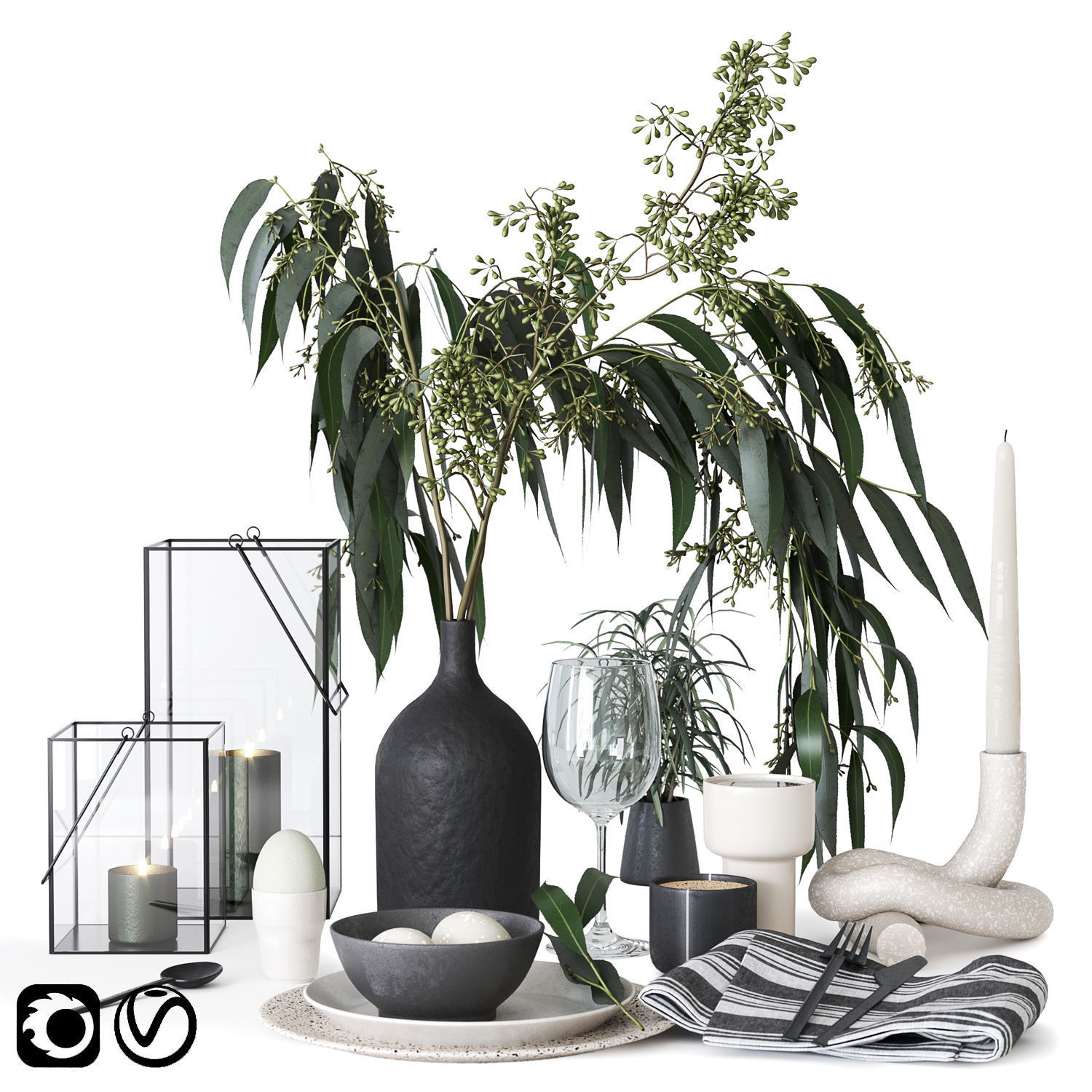 Tableware with Eucalyptus 3D model_5