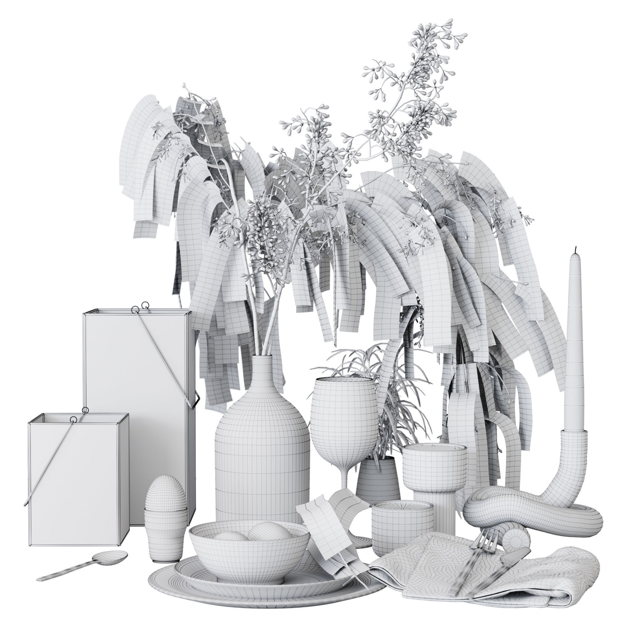 Tableware with Eucalyptus 3D model_4