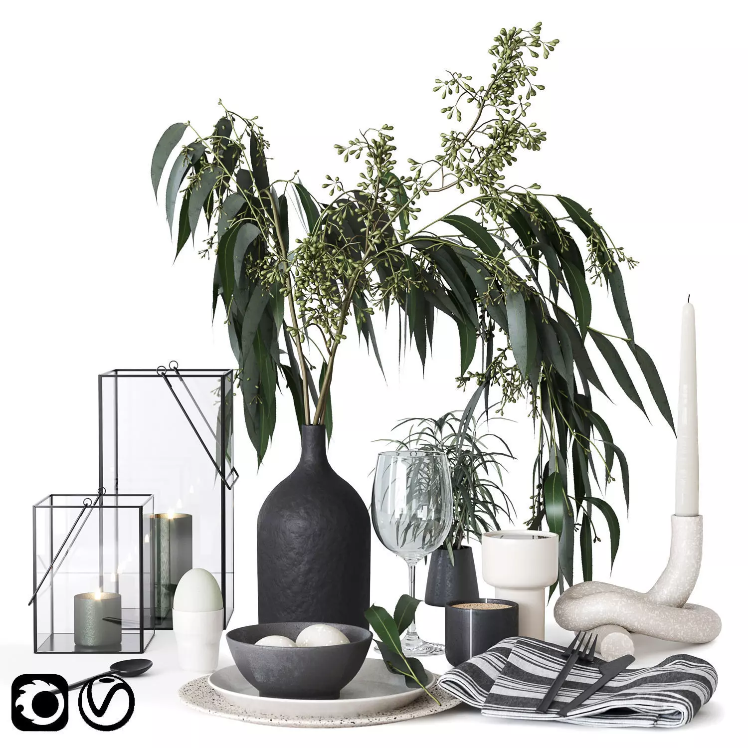 Tableware with Eucalyptus 3D model_0