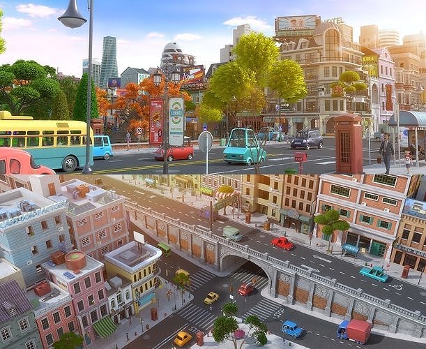 Cartoon City Street Scene V2 3D model 2