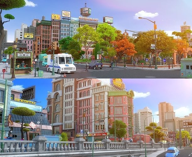 Cartoon City Street Scene V2 3D model 4