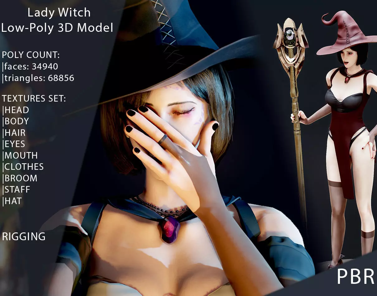 Witch Lady Game Ready Character Low-poly 3D model_0