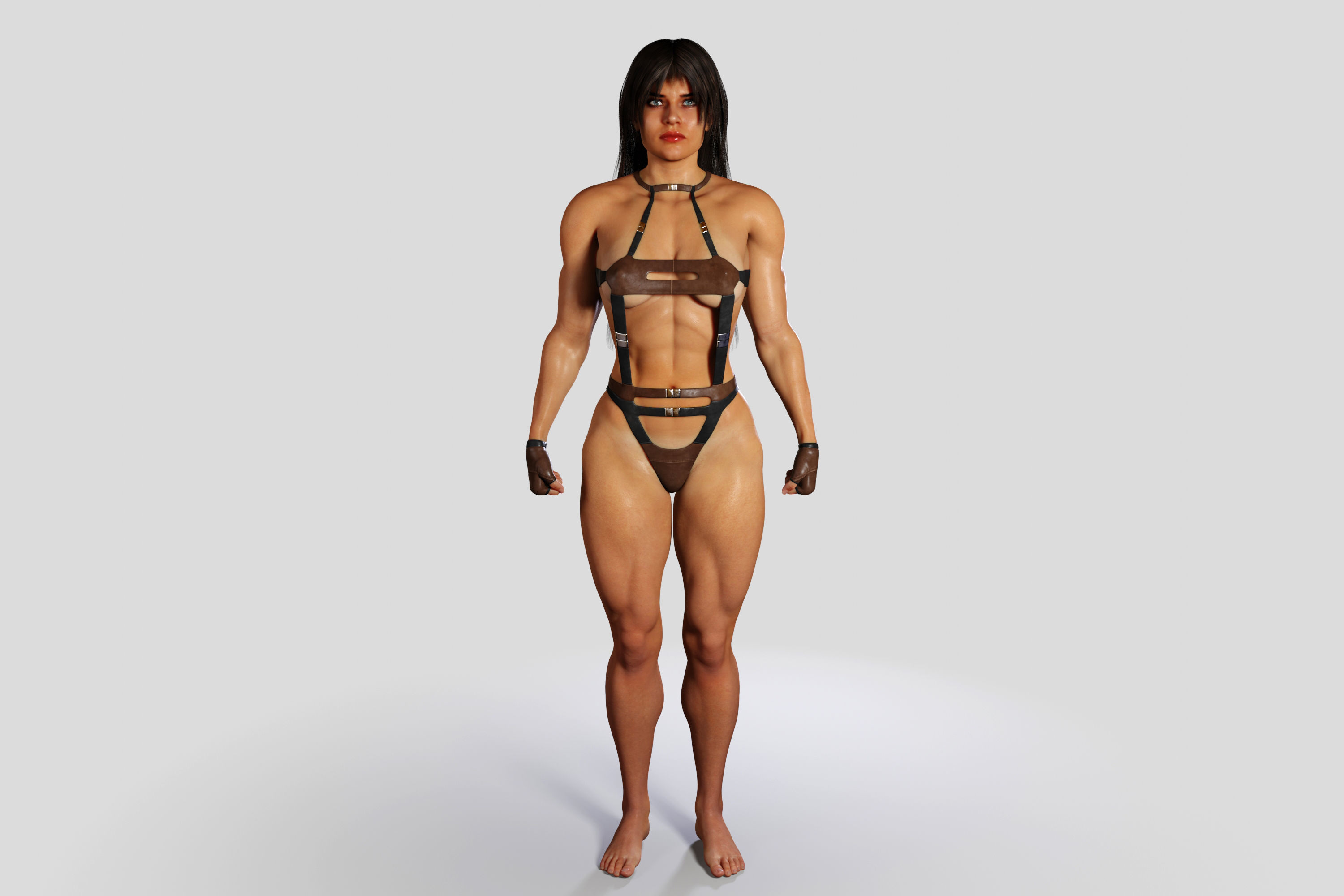 Bodybuilder Woman in Leather Suit 3D model_1