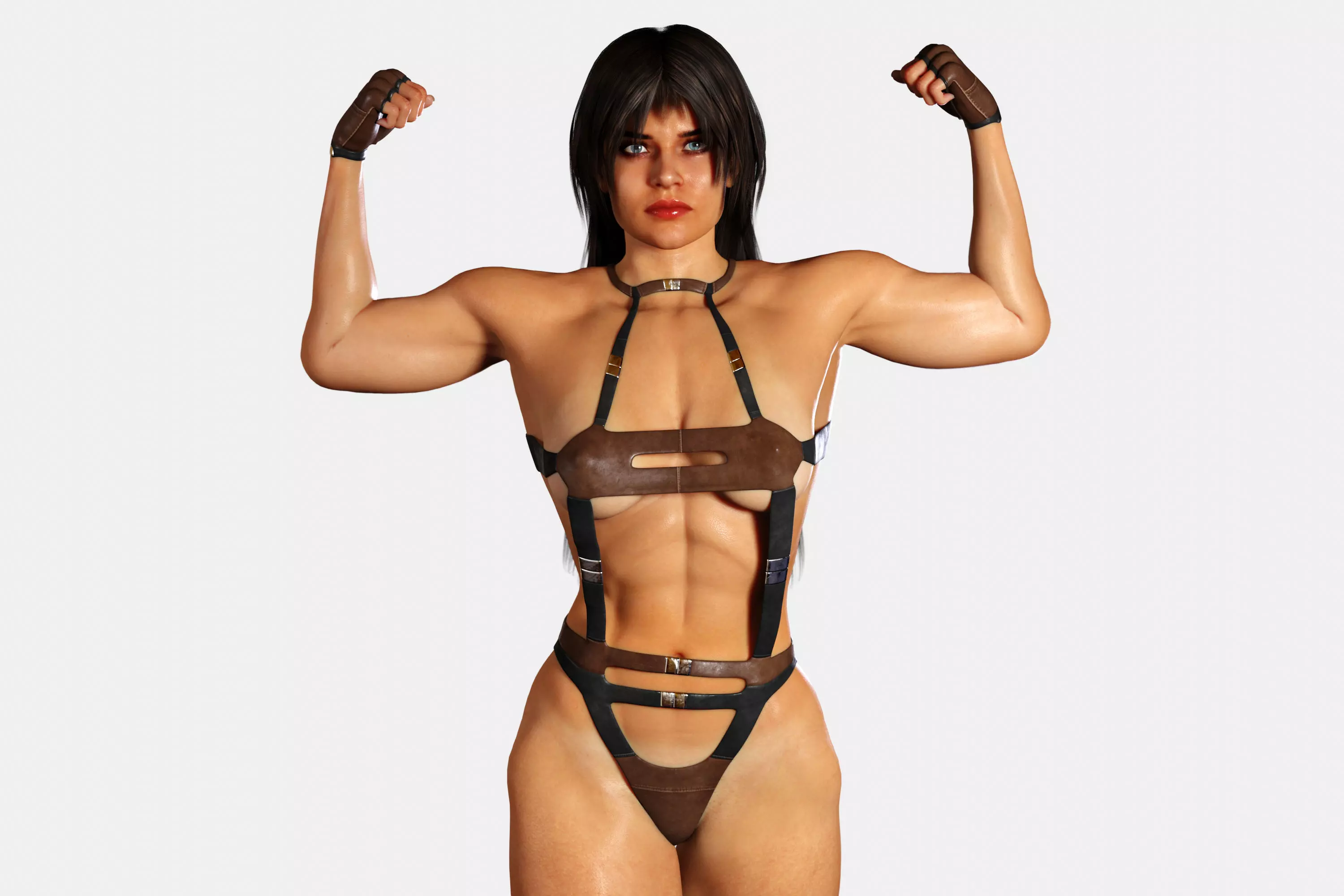 Bodybuilder Woman in Leather Suit 3D model_0