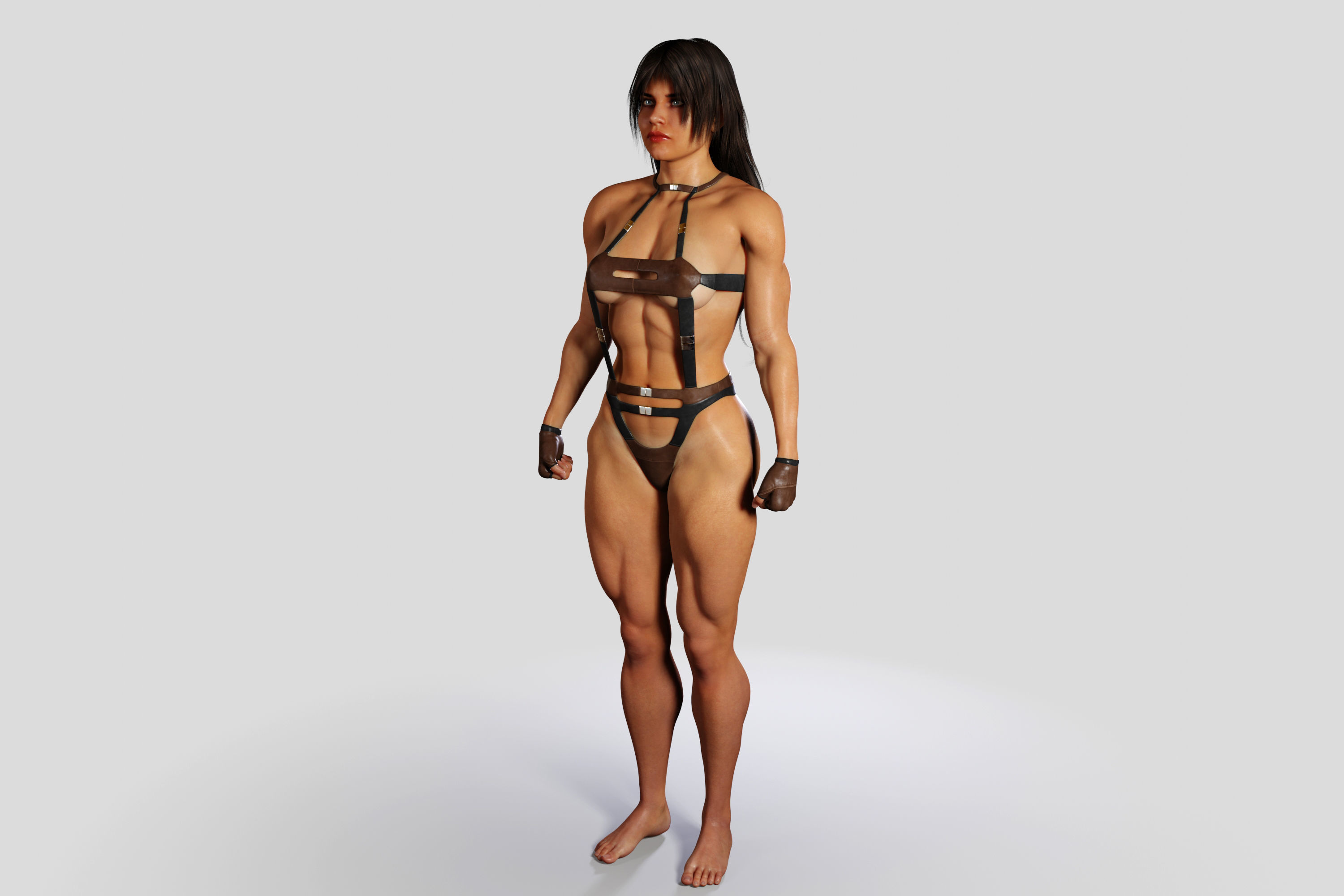 Bodybuilder Woman in Leather Suit 3D model_6
