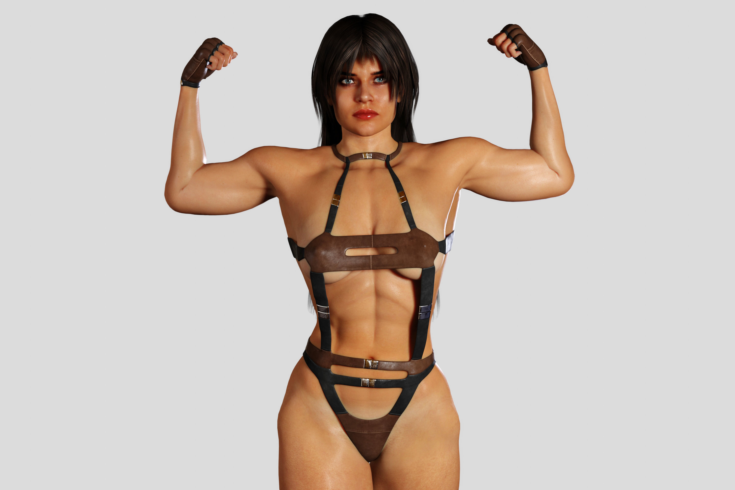Bodybuilder Woman in Leather Suit 3D model_5