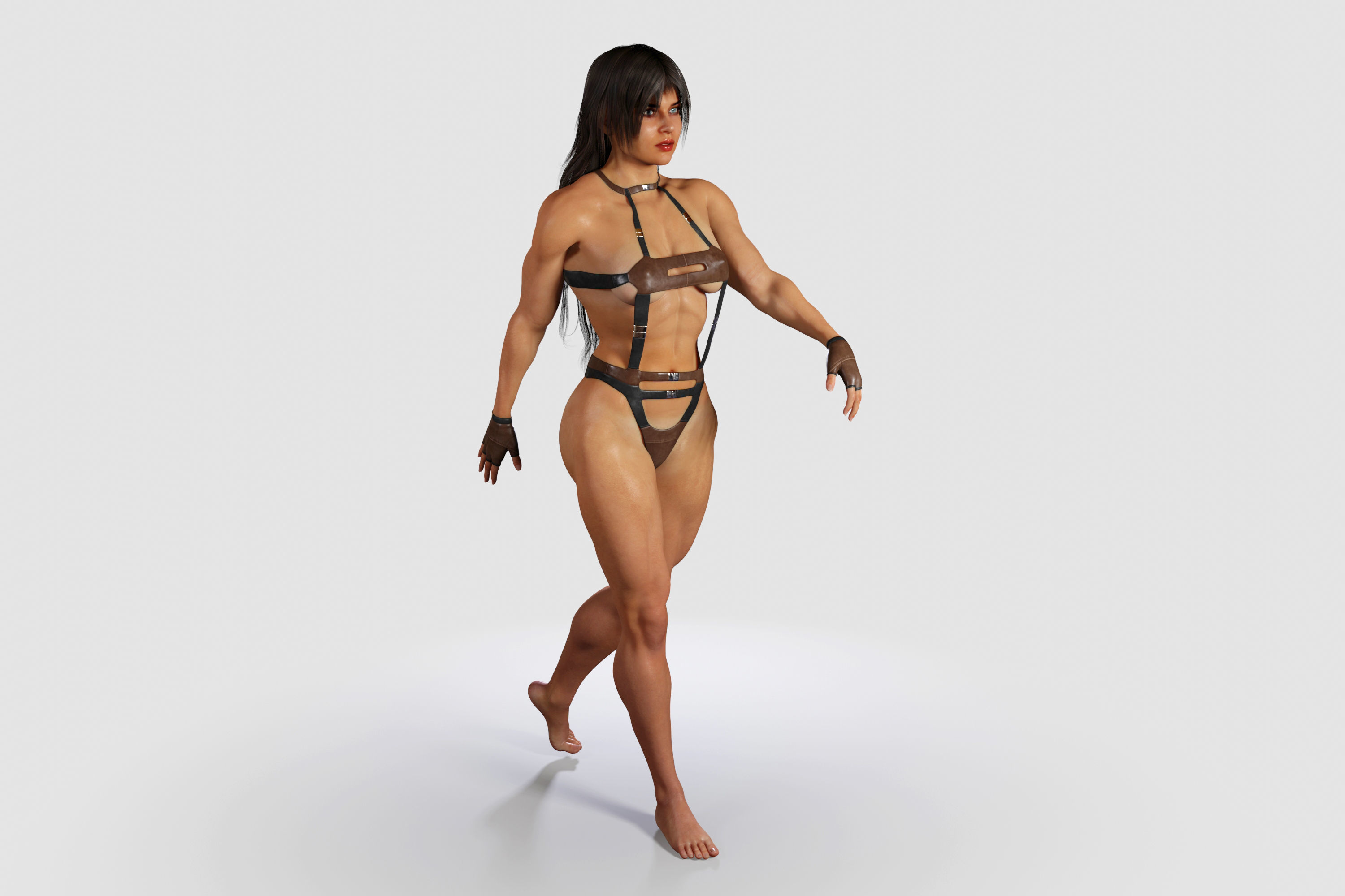 Bodybuilder Woman in Leather Suit 3D model_2