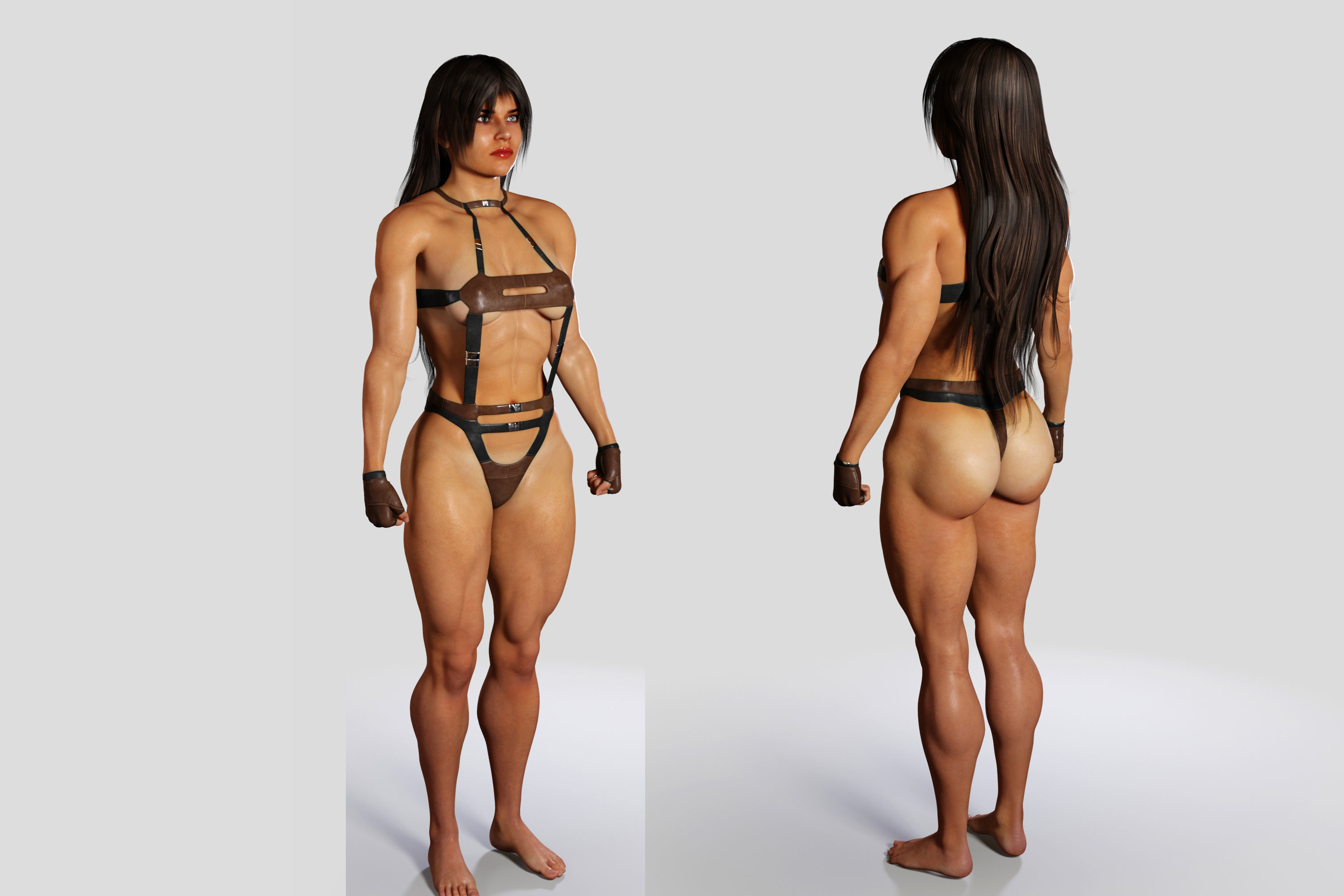 Bodybuilder Woman in Leather Suit 3D model_12