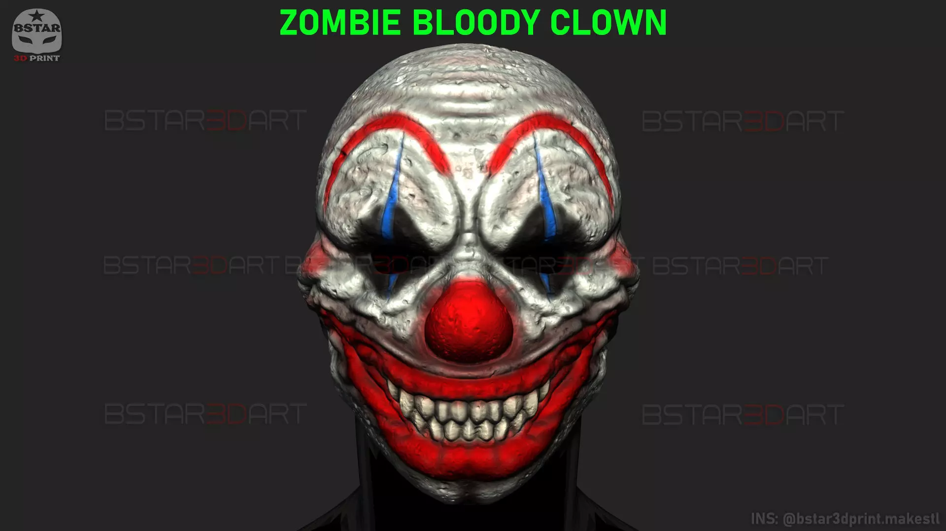 Zombie Bloody Clown Mask - Scary Halloween Cosplay 3D print model