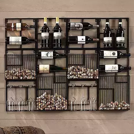 model wine rack with bottles and corks hanging